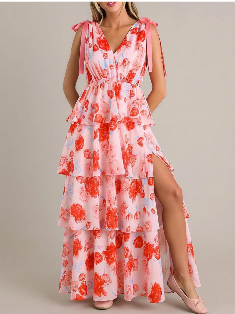 Floral Tiered V‑Neck Maxi Dress in Coral Pink